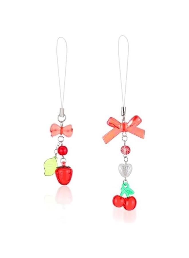 2Pcs Cherry Strawberry Phone Charm, Kawaii Strawberry Keychain Y2K Kpop Aesthetic Charms Cute Bowknot Beaded Phone Case Chain Lanyard for Women Girls Phone Bag Keychain Camera Pendants Decor  - Image 1