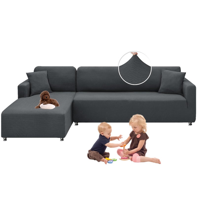 XINEAGE Sectional Couch Cover High Stretch L Shaped Sofa Cover 2 Pieces Non Slip Slipcover with Chaise Furniture Protector with 2 Pillowcases for Pets & Dogs (3 Seat Sofa + 3 Seat Chaise, Dark Gray) - Image 1