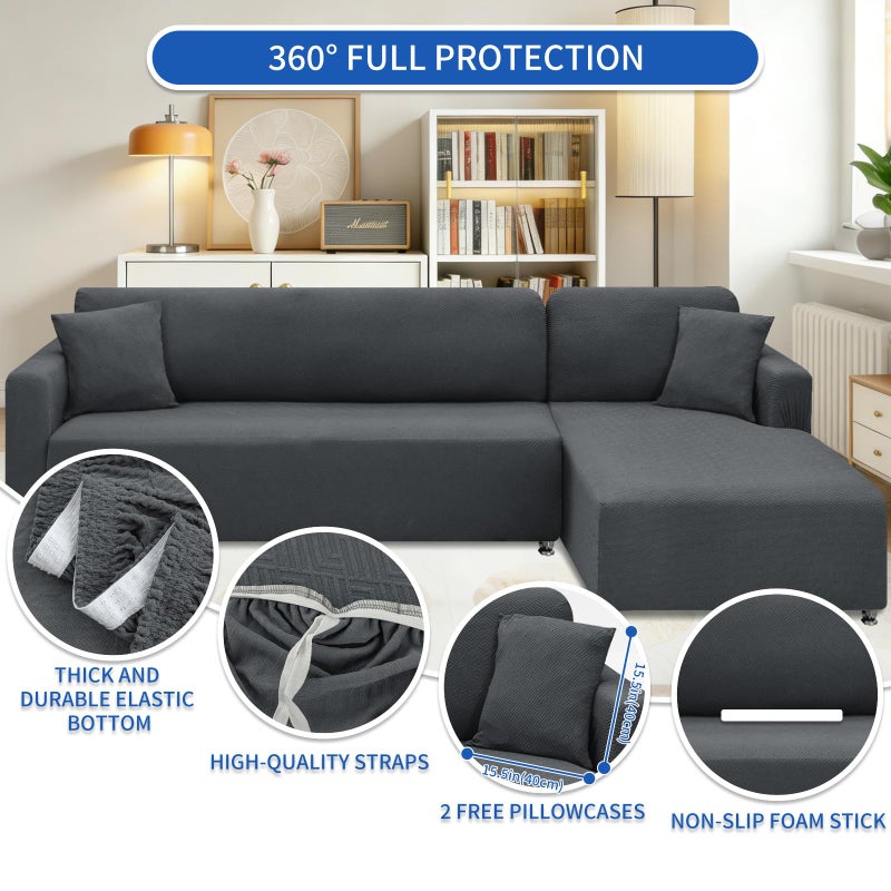 XINEAGE Sectional Couch Cover High Stretch L Shaped Sofa Cover 2 Pieces Non Slip Slipcover with Chaise Furniture Protector with 2 Pillowcases for Pets & Dogs (3 Seat Sofa + 3 Seat Chaise, Dark Gray) - Image 4
