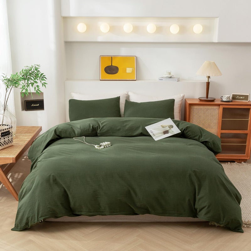 ECOCOTT 3 Pieces Duvet Cover Queen 100 Washed Cotton 1 Duvet Cover with Zipper and 2 Pillowcases Ultra Soft and Easy Care Breathable Cozy Simple Style Bedding Set Avocado Green