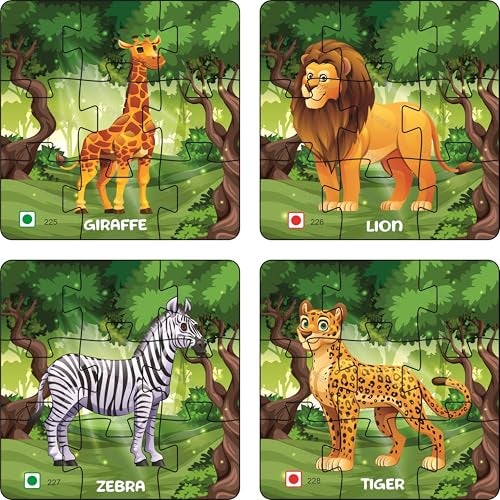 Nizomi Jungle Animals 4 Pc Combo Wooden Cartoon Educational Jigsaw Puzzle for Kids, Learning Toy, Floor Puzzle, Improves Memory, Cognitive Skills Fun Play for Boys Girls Gift for 2+ Years - Image 1