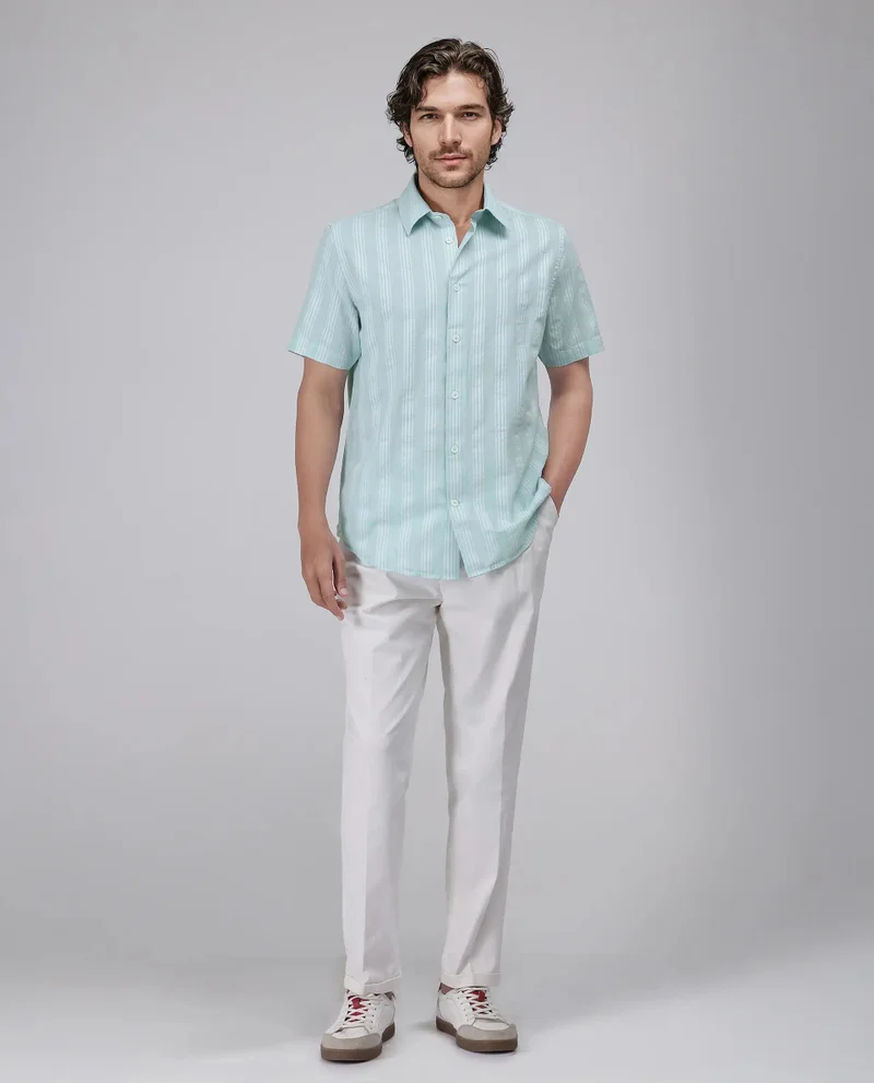 Rare Rabbit Rare Rabbit Men's Zark Pastel Green Cotton Fabric Short Sleeve Collared Neck Button Closure Striped Shirt
