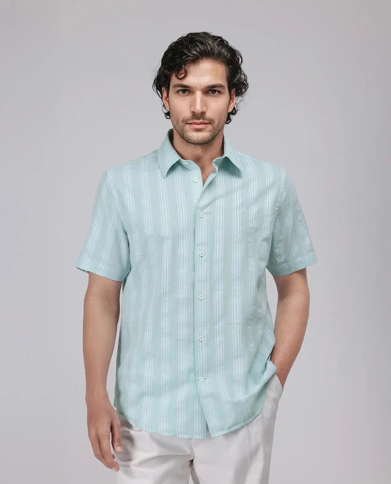 Rare Rabbit Rare Rabbit Men's Zark Pastel Green Cotton Fabric Short Sleeve Collared Neck Button Closure Striped Shirt