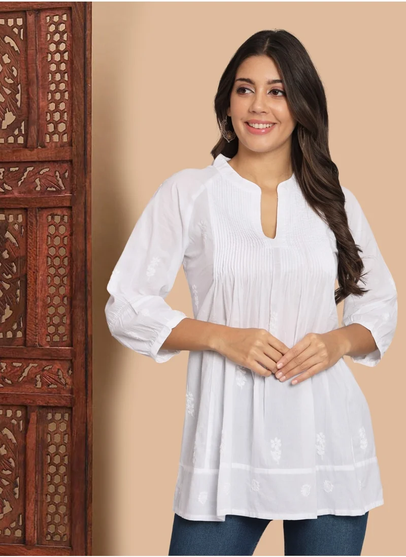 Alaya Hand Embroidered Chikankari Cotton A-Line Pleated Tunic-AL2786