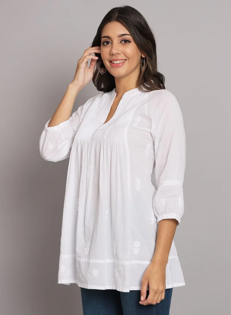 Alaya Hand Embroidered Chikankari Cotton A-Line Pleated Tunic-AL2786