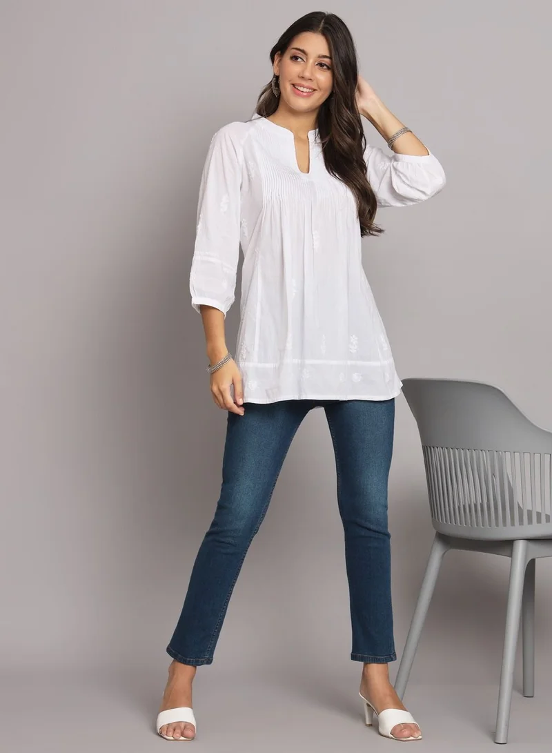 Alaya Hand Embroidered Chikankari Cotton A-Line Pleated Tunic-AL2786