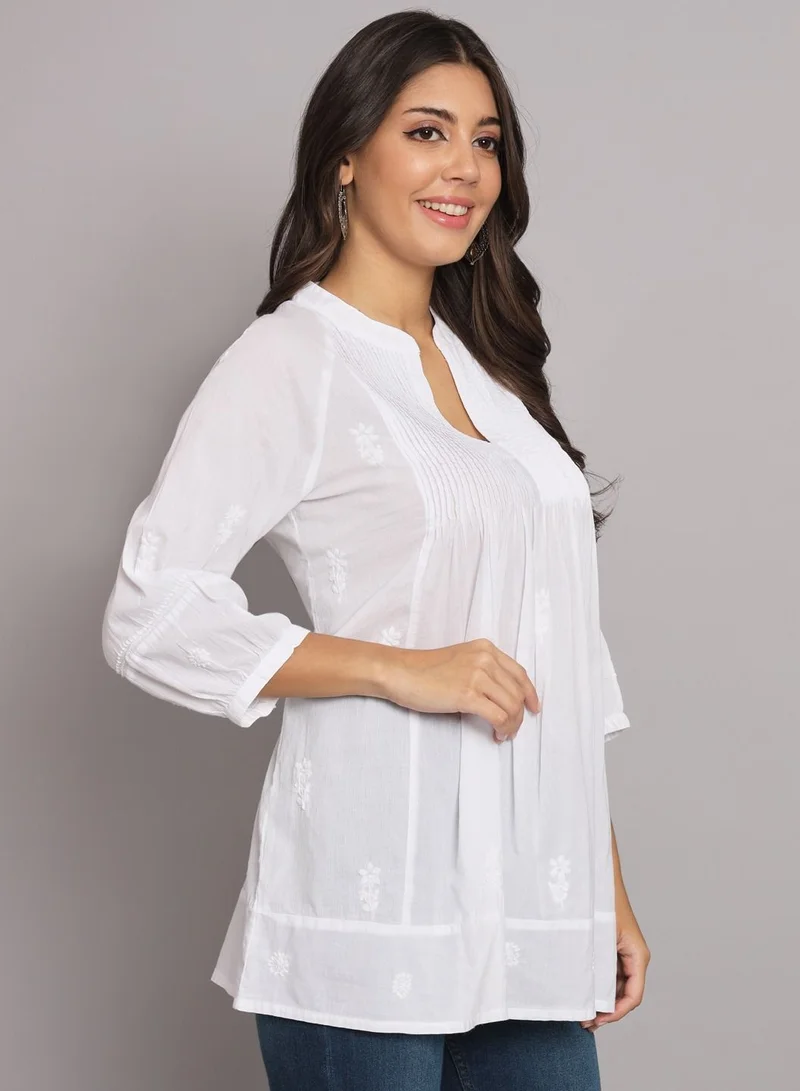 Alaya Hand Embroidered Chikankari Cotton A-Line Pleated Tunic-AL2786