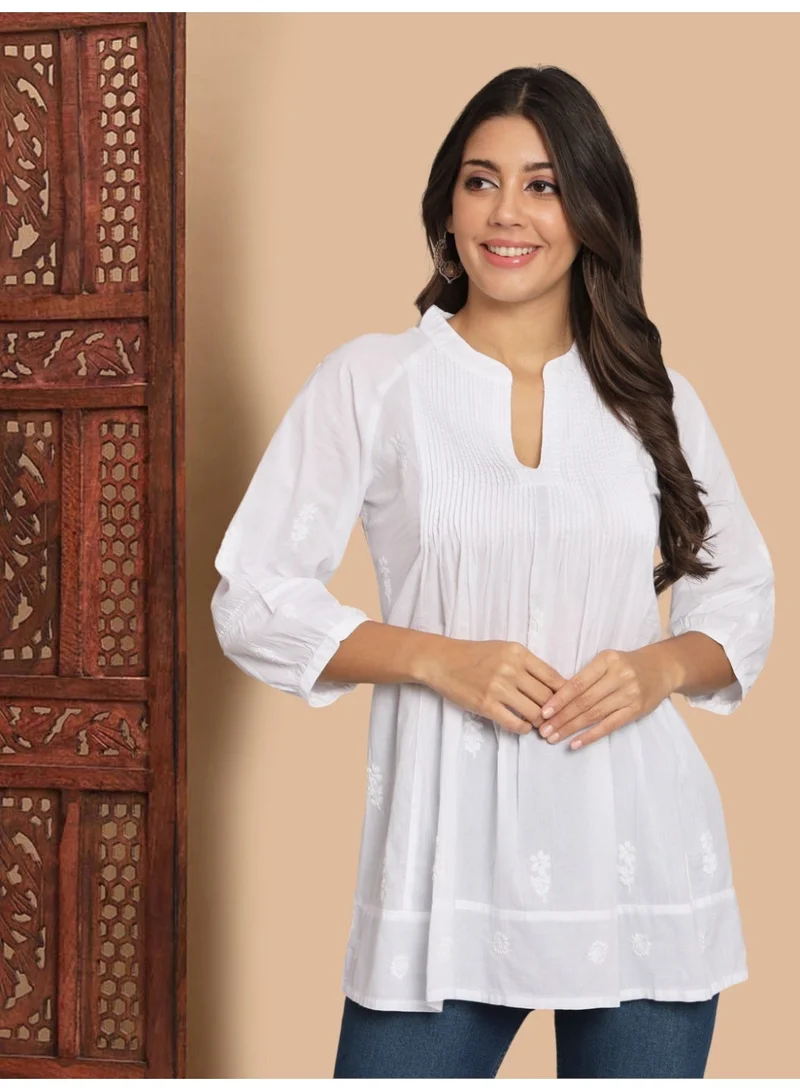Alaya Hand Embroidered Chikankari Cotton A-Line Pleated Tunic-AL2786