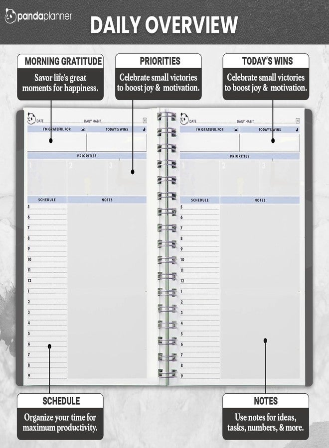 Panda Planner 2025-2026 Undated Daily Planner 5.75" x 8.25" - 90-Day Spiral Academic & Productivity Planner with Hourly Schedule, Habit Tracker, To-Do List & Monthly Calendar - ADHD-Friendly Panda Journal (Gray) - Image 2