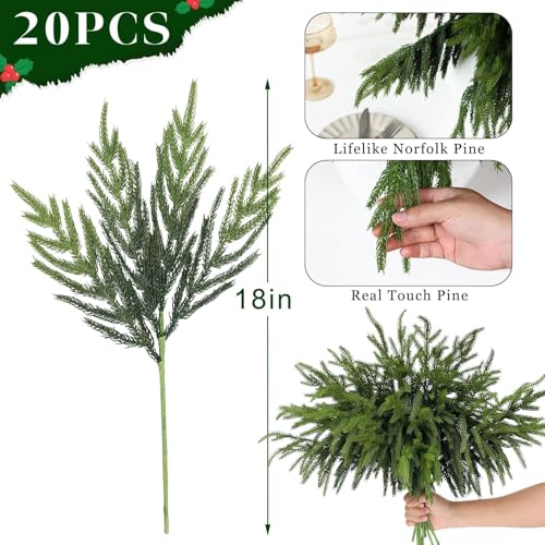 VIERENA 20 Pcs Christmas Norfolk Pine Branches -18" Real Touch Artificial Norfolk Pine Branch Faux Plants Stem Fake Greenery Pine Picks for Vase DIY Crafts Garland Wreath Home Indoor Outdoor Decoration - Image 5