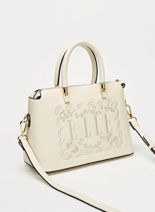 ELLE Women Logo Embroidered Tote Bag with Detachable Strap and Zip Closure