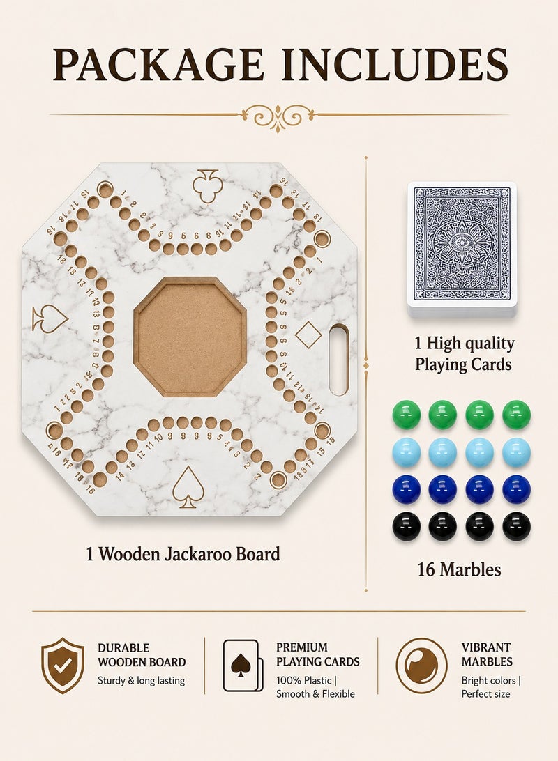 Funz Jackaroo Numbered Wooden Board Game for 4 Players with Glass Marbles and High Quality Tear-Resistant Playing Cards Size 39X39cm White - Image 2