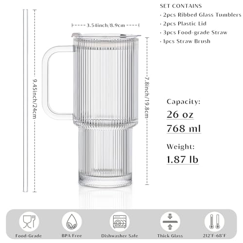 INSETLAN 26oz Ribbed Glass Tumbler with Handle & Lid – 2-Pack Large Iced Coffee Cups with Straws, Modern Glass Mug for Cold & Hot Beverages, Aesthetic Travel Cup for Smoothies, Tea, and Juice - Image 2