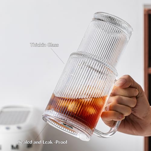 INSETLAN 26oz Ribbed Glass Tumbler with Handle & Lid – 2-Pack Large Iced Coffee Cups with Straws, Modern Glass Mug for Cold & Hot Beverages, Aesthetic Travel Cup for Smoothies, Tea, and Juice - Image 5