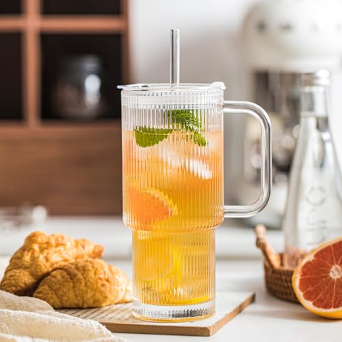 INSETLAN 26oz Ribbed Glass Tumbler with Handle & Lid – 2-Pack Large Iced Coffee Cups with Straws, Modern Glass Mug for Cold & Hot Beverages, Aesthetic Travel Cup for Smoothies, Tea, and Juice - Image 3