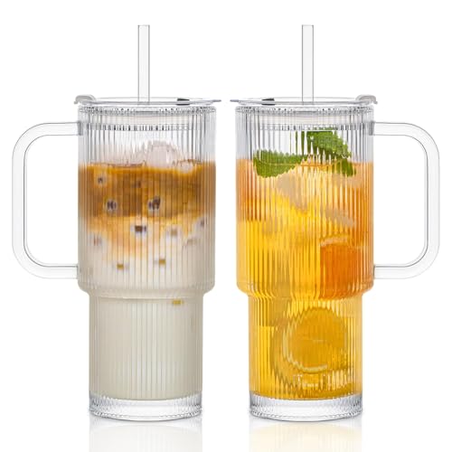 INSETLAN 26oz Ribbed Glass Tumbler with Handle & Lid – 2-Pack Large Iced Coffee Cups with Straws, Modern Glass Mug for Cold & Hot Beverages, Aesthetic Travel Cup for Smoothies, Tea, and Juice - Image 1
