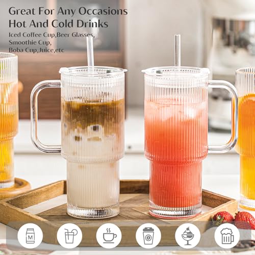INSETLAN 26oz Ribbed Glass Tumbler with Handle & Lid – 2-Pack Large Iced Coffee Cups with Straws, Modern Glass Mug for Cold & Hot Beverages, Aesthetic Travel Cup for Smoothies, Tea, and Juice - Image 4