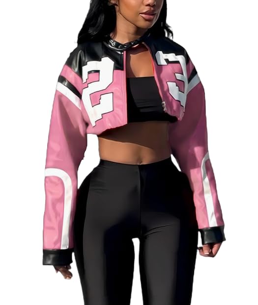 VOIKERDR Leather Jacket Cropped Jacket Motorcycle Jacket Y2K Letter Bomber Jacket Women Faux Leather Jacket Streetwear - Image 1