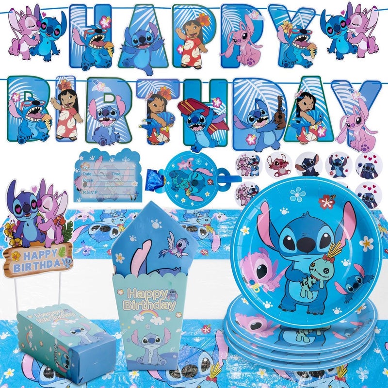 Rovercci Stitch kids Birthday Party Supplies decoration Set 125PCS for16 Guests1Tablecloth16 Plates16Napkins Banner Stickers Cake Topper16 Invitations card with envolopes16 Blowouts 16Popcorn Boxes - Image 2