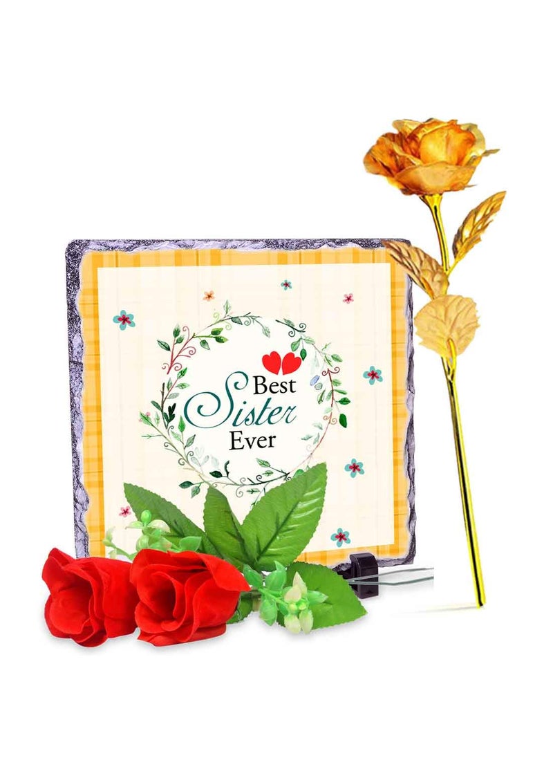 Alwaysgift Alwaysgift Best Sister Gift for BirthdayRaksha Bandhan Beautiful Rock Tile Golden Rose 2 Red Roses Gift Hamper  - Image 1
