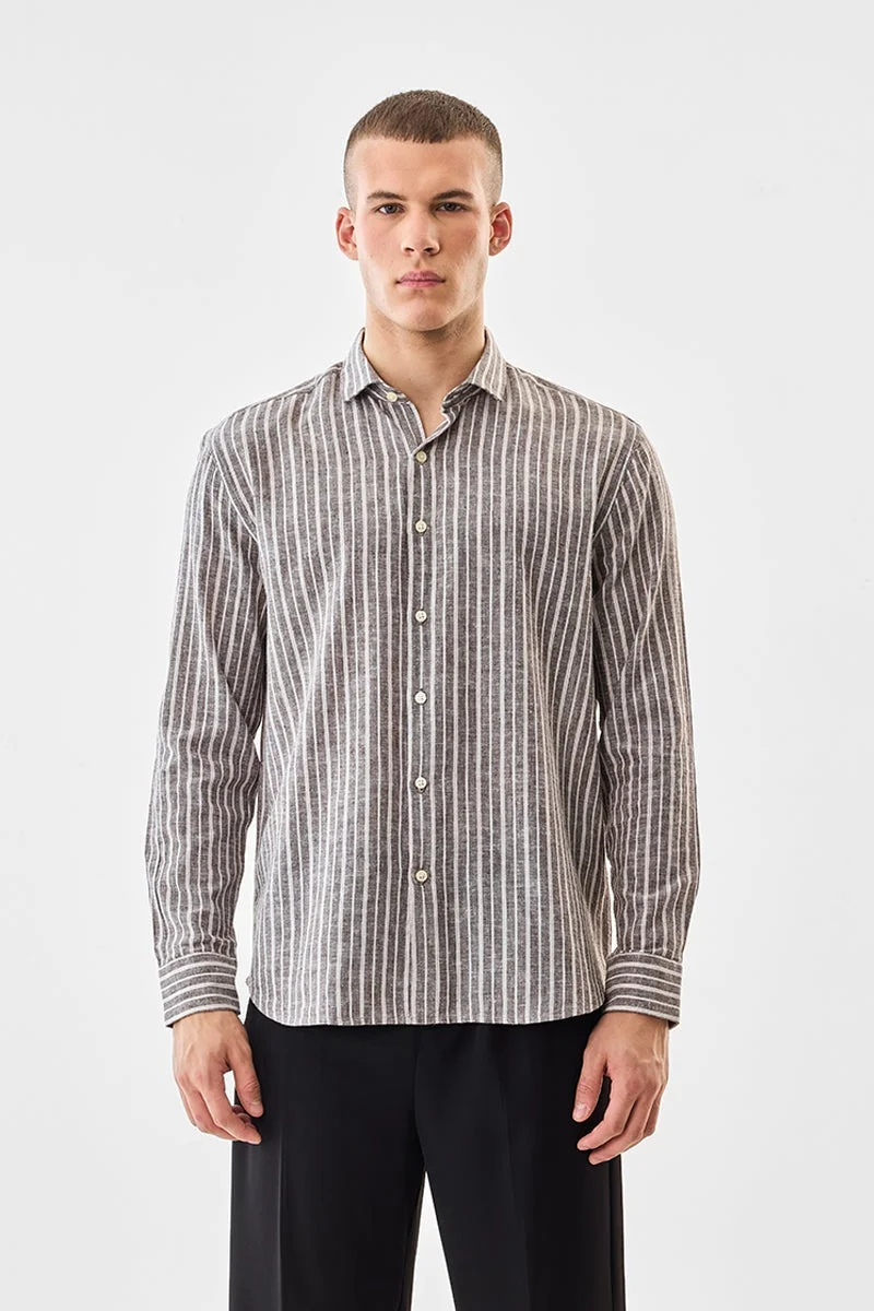 سنيتش Brown Striped Long Sleeve Regular Fit Shirt