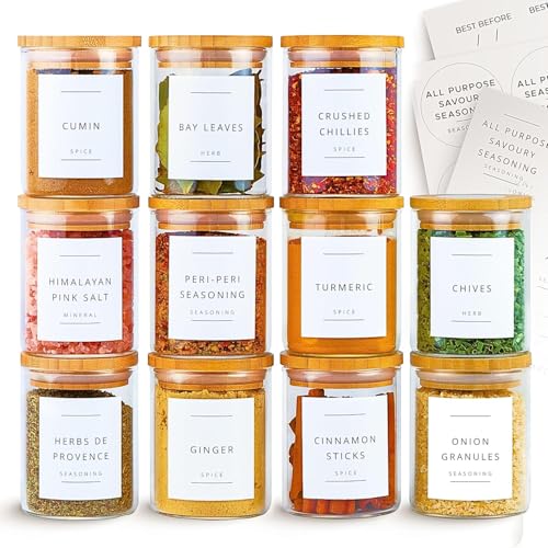 TIENER 220 ML Glass Storage Containers with Spice masala lable set,220 ML SET OF 12 Lids Jars with Lids, Clear Food Jar, Round Canister, Pantry Organizers and Storage (12, ROUND 220ML) - Image 1