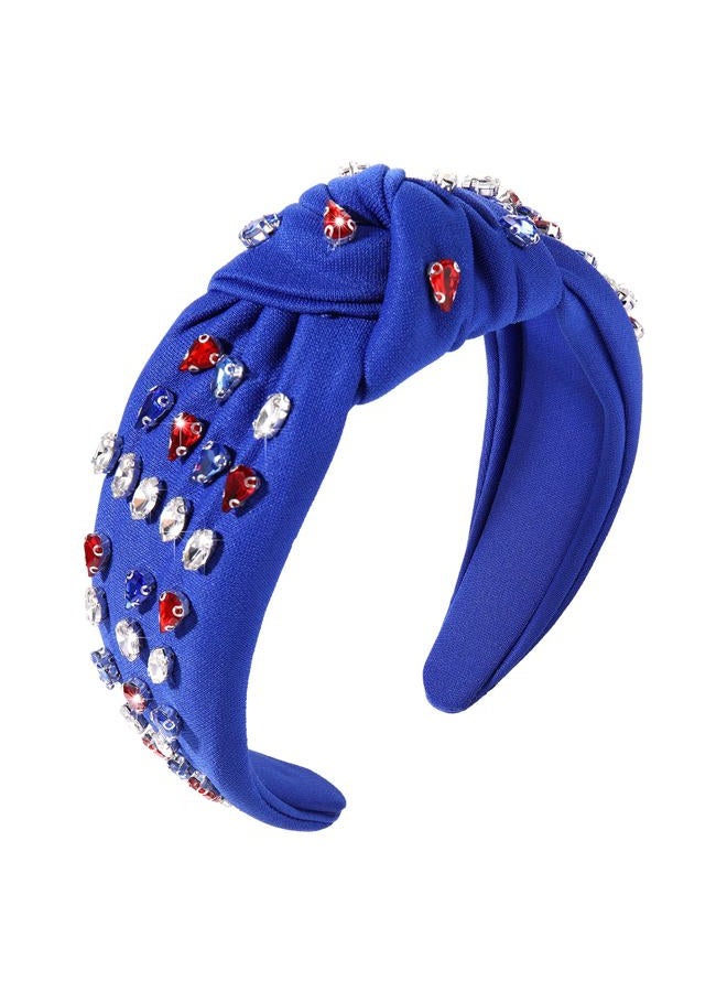 BVGA American Flag Rhinestone Knotted Headband for women Sparkly Red White Blue Crystal Embelishied Hairbands Twist Turband Headead (Blue 7.4-headband) - Image 1
