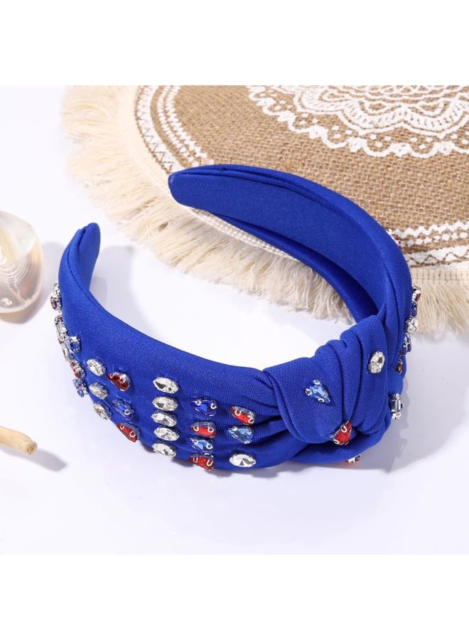 BVGA American Flag Rhinestone Knotted Headband for women Sparkly Red White Blue Crystal Embelishied Hairbands Twist Turband Headead (Blue 7.4-headband) - Image 4