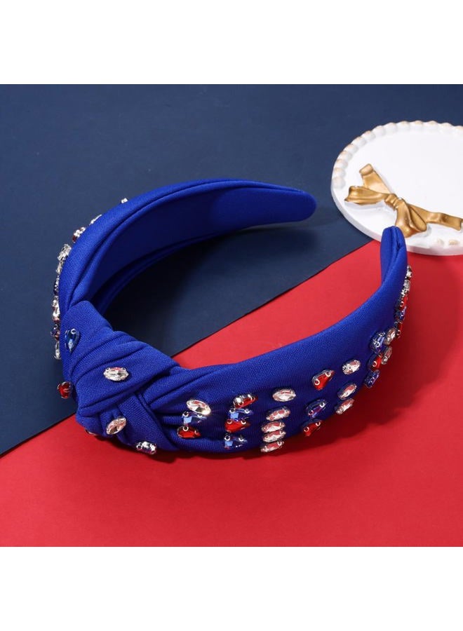 BVGA American Flag Rhinestone Knotted Headband for women Sparkly Red White Blue Crystal Embelishied Hairbands Twist Turband Headead (Blue 7.4-headband) - Image 2