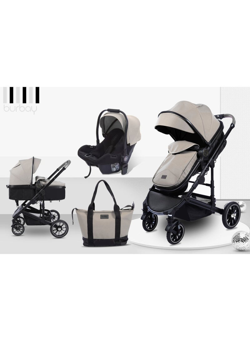 بورباي طقم تنقّل 4-في-1 للمولود الجديد – عربة + مقعد سيارة وشنطة أم – عربة قابلة للطي لجميع التضاريس - Image 1