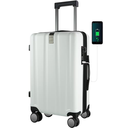 KROSER Hardside Expandable Carry On Luggage with Spinner Wheels & Built-in TSA Lock, Durable Suitcase Rolling Luggage with USB Port, Carry-On 20-Inch, White - Image 1