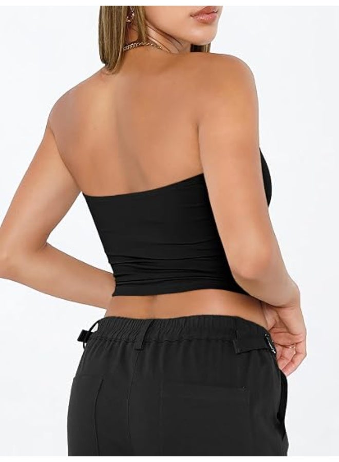 Glamroot Women's Strapless Non Padded Tube Top | Buttery Soft Bandeau Crop Top, Backless Sleeveless Going Out Summer Inner Camisole, Black - Image 5