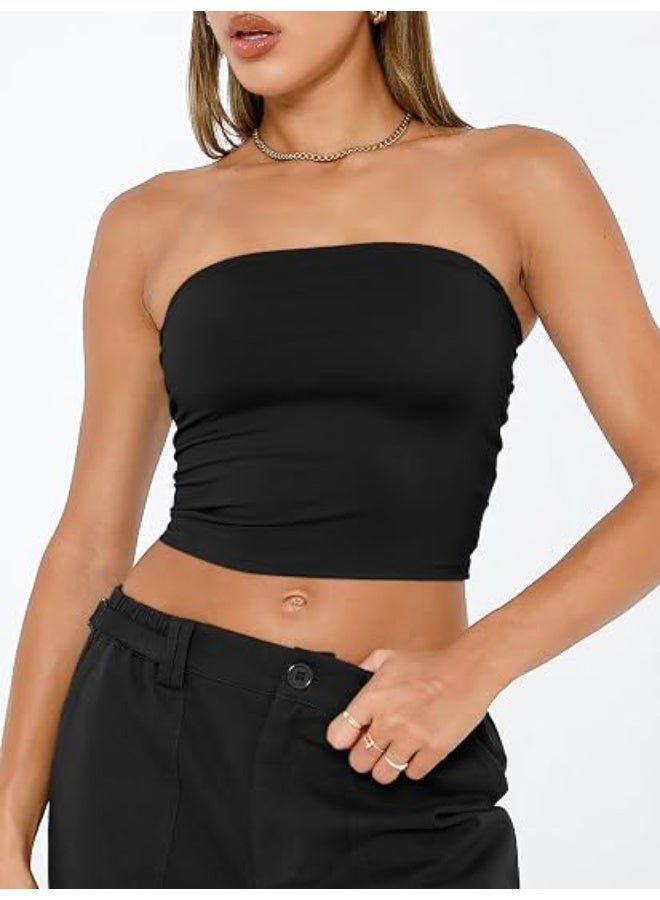Glamroot Women's Strapless Non Padded Tube Top | Buttery Soft Bandeau Crop Top, Backless Sleeveless Going Out Summer Inner Camisole, Black - Image 2