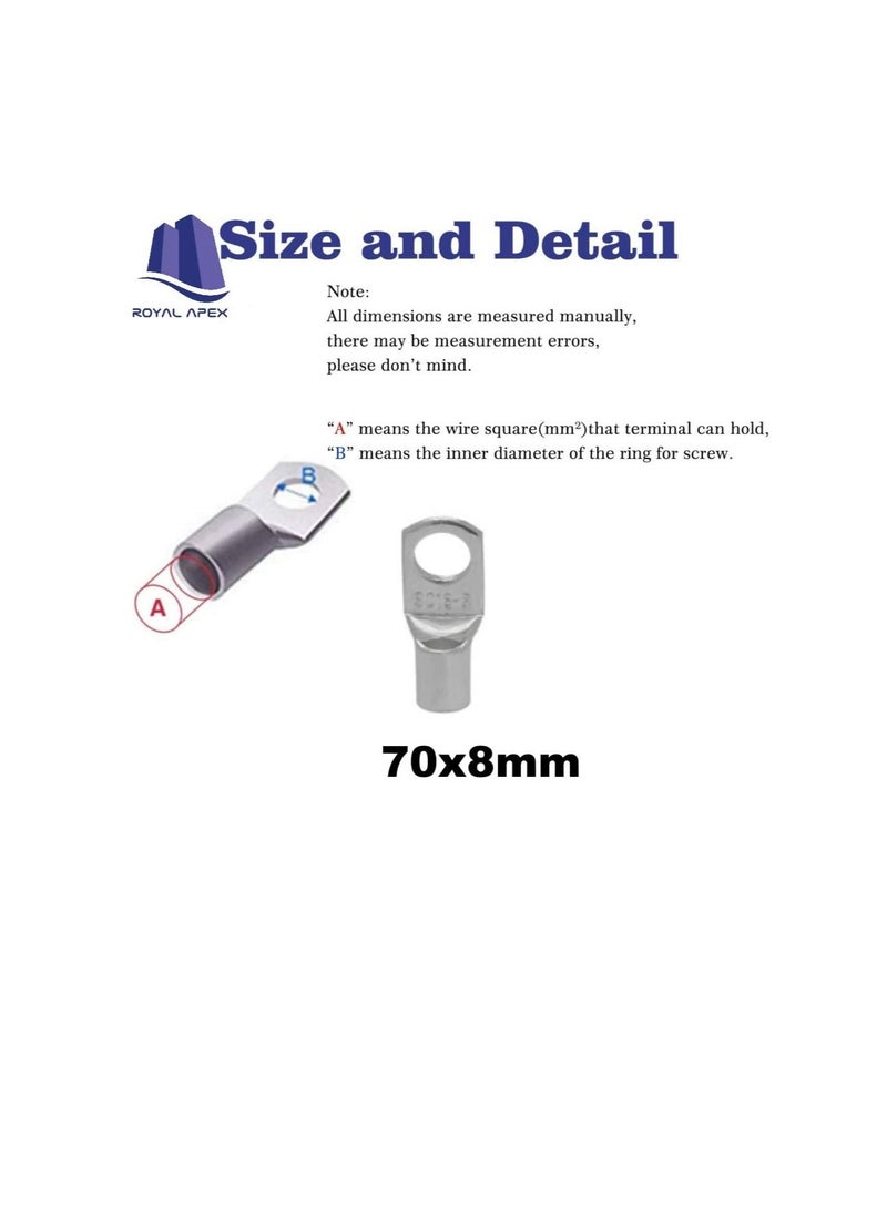 Copper Cable Lugs 10Pcs Set-Wire Terminals, Connector Cable lugs Ring Battery SC Terminals, for Marine, Solar, Automotive, Electric, Home Applications etc (Hole Size 8mm, Cable Size 70mm)  - Image 2