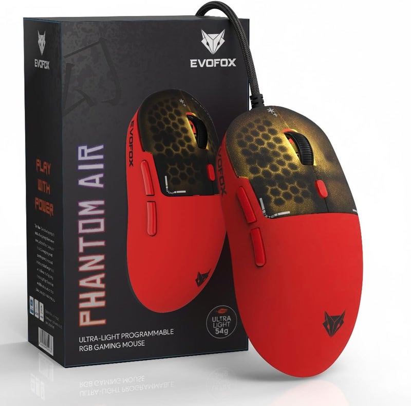 EvoFox Phantom Air Ultra Lightweight Gaming Mouse | Upto 1000Hz Polling Rate, 7000 FPS, 12800 DPI | Honeycomb RGB Lighting | Fully Programmable with Windows Software & On-Board Memory | Red - Image 1