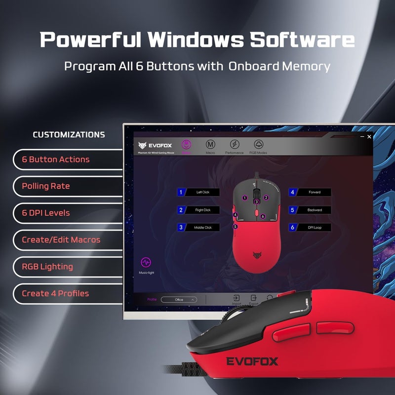 EvoFox Phantom Air Ultra Lightweight Gaming Mouse | Upto 1000Hz Polling Rate, 7000 FPS, 12800 DPI | Honeycomb RGB Lighting | Fully Programmable with Windows Software & On-Board Memory | Red - Image 4