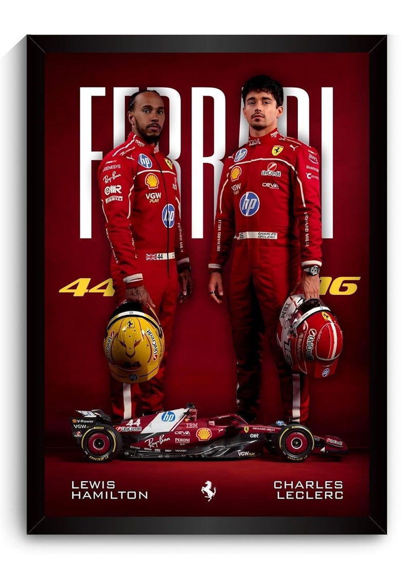 Funk You Ferrari F1 Poster | Lewis Hamilton & Charles Leclerc Framed Ferrari F1 Car A4 Sized (31 x 23 cm) | Lewis Hamilton Poster | Ferrari Car Frame Posters for Wall, Gift for Boys, Formula 1 Frames | Formula 1 Framed - Image 1