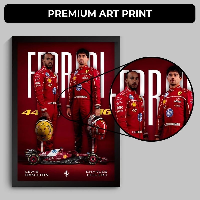 Funk You Ferrari F1 Poster | Lewis Hamilton & Charles Leclerc Framed Ferrari F1 Car A4 Sized (31 x 23 cm) | Lewis Hamilton Poster | Ferrari Car Frame Posters for Wall, Gift for Boys, Formula 1 Frames | Formula 1 Framed - Image 3