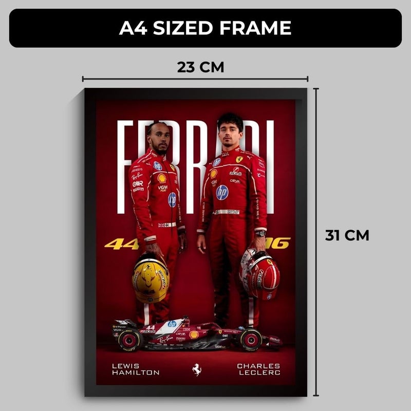 Funk You Ferrari F1 Poster | Lewis Hamilton & Charles Leclerc Framed Ferrari F1 Car A4 Sized (31 x 23 cm) | Lewis Hamilton Poster | Ferrari Car Frame Posters for Wall, Gift for Boys, Formula 1 Frames | Formula 1 Framed - Image 2