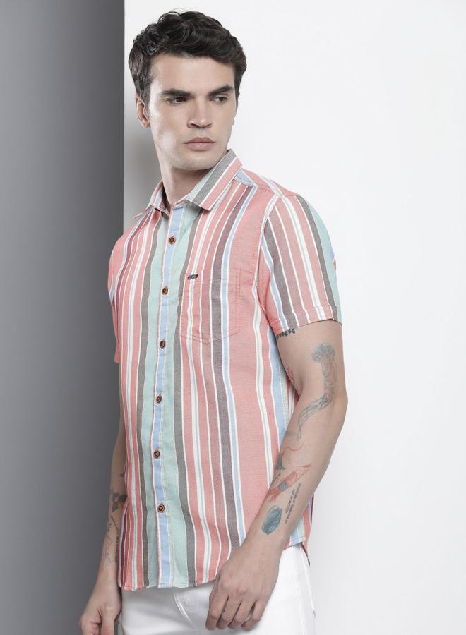 The Indian Garage Co Men Pink Striped Short Sleeve Shirt - Image 3