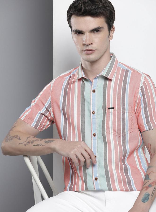The Indian Garage Co Men Pink Striped Short Sleeve Shirt - Image 1