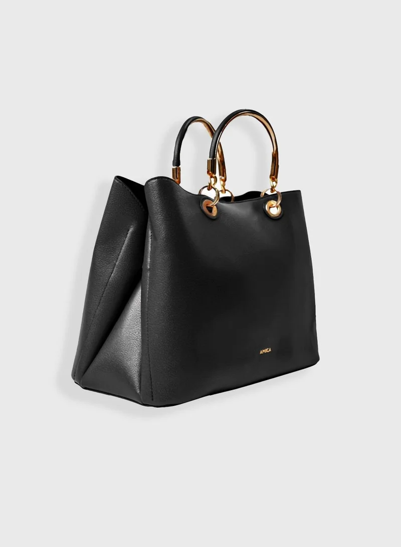 AMICA AMICA Emilia Women’s Soft Leather Satchel Handbag with Embellished Gold Handles
