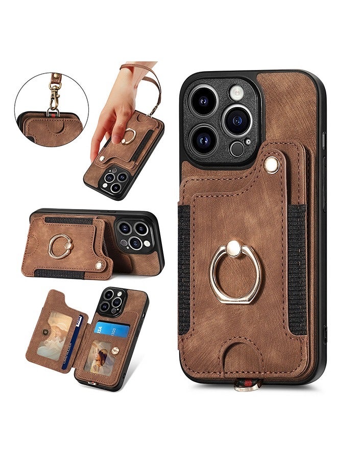 iPhone 15 Pro Wallet Case with Card Holder, Leather Protective Case Purse with RFID Blocking Ring Holder Strap Wrist Kickstand Flip Shockproof Cover Shockproof Magnetic Attraction Brown/Black  - Image 1