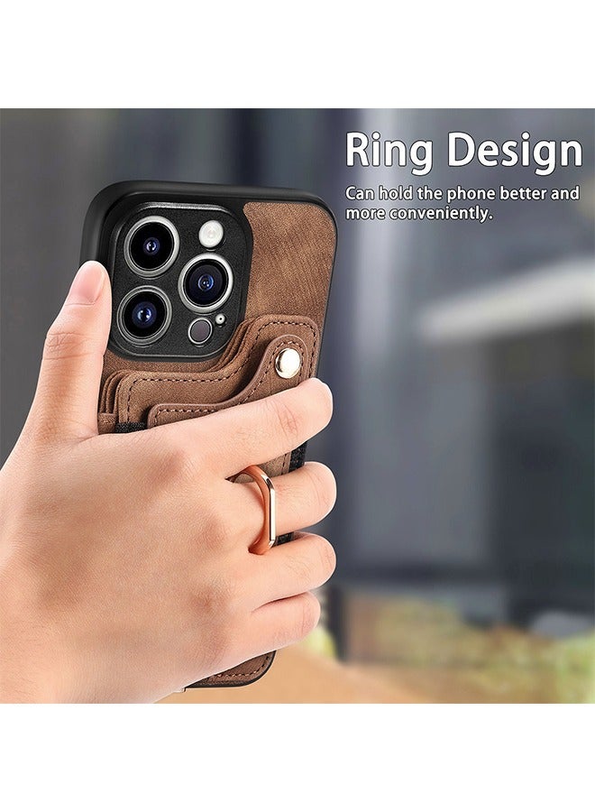 iPhone 15 Pro Wallet Case with Card Holder, Leather Protective Case Purse with RFID Blocking Ring Holder Strap Wrist Kickstand Flip Shockproof Cover Shockproof Magnetic Attraction Brown/Black  - Image 5