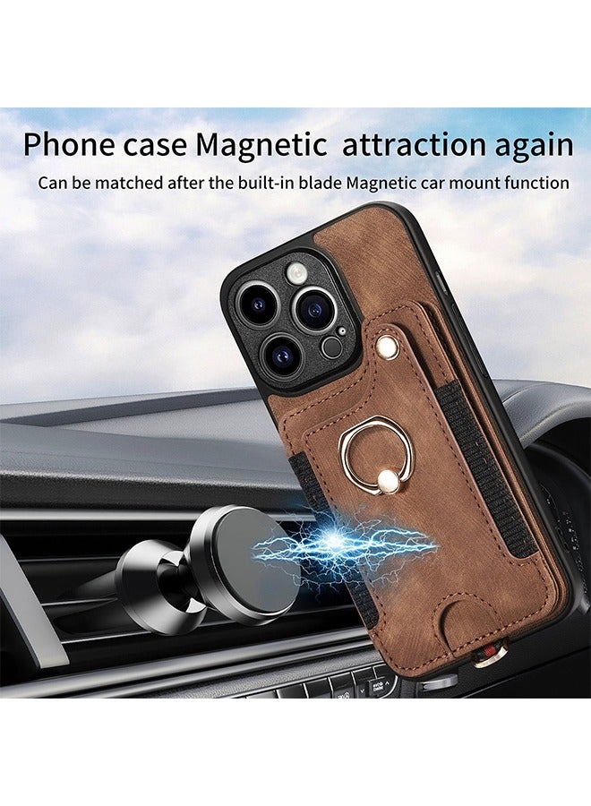 iPhone 15 Pro Wallet Case with Card Holder, Leather Protective Case Purse with RFID Blocking Ring Holder Strap Wrist Kickstand Flip Shockproof Cover Shockproof Magnetic Attraction Brown/Black  - Image 3