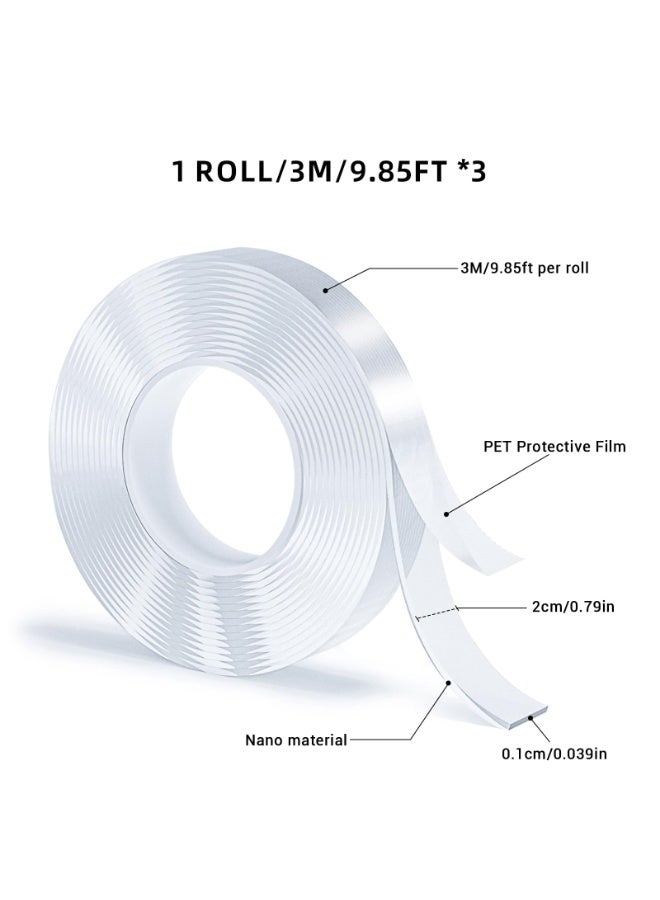 HOMESTAR 3 Rolls Double Sided Tape, Nano Tape, Transparent Adhesive Tape, Traceless Adhesive Tape, Removable, Washable, Reusable, Suitable for Carpets, Photo Walls, 9.85 Feet/Roll - Image 2