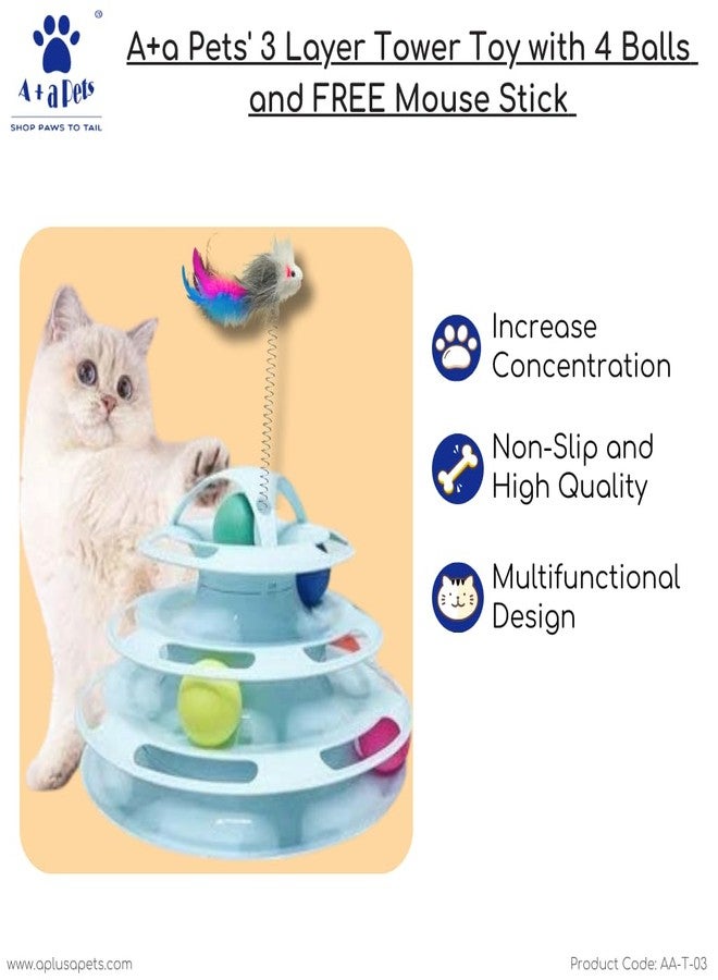 A+a Pets لعبة برج A+a للحيوانات الأليفة بثلاث طبقات مع 4 كرات وعصا فأرة مجانية - لعبة تفاعلية للقطط والقطط الصغيرة والجراء | لعبة ألغاز ممتعة وعقلية وجسدية (وردي) - Image 3