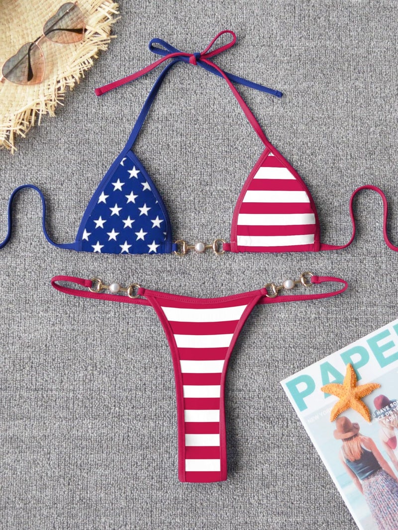 TASHEHE Women's Triangle Thong Bikini Set Sexy String Brazillian Two Piece Swimsuit Cute Bikini Bathing Suit - Flag / 4th of July - Small - Image 5