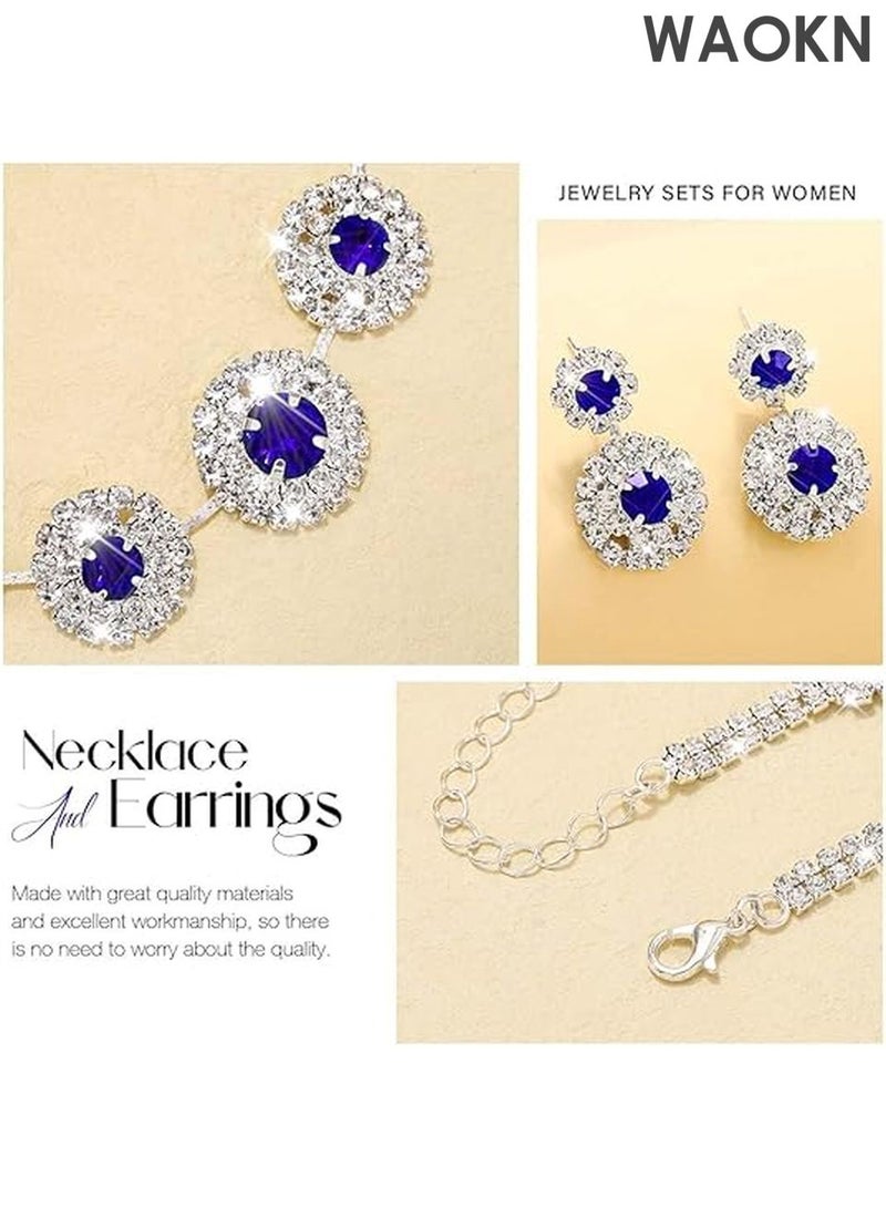 WAOKN Bridal Jewelry Set - Rhinestone Necklace & Earrings for Weddings - Elegant Formal Costume Jewelry Set for Women, Brides & Bridesmaids - Sparkling Wedding Party Accessories - Perfect Gift for Bride（Blue） - Image 5
