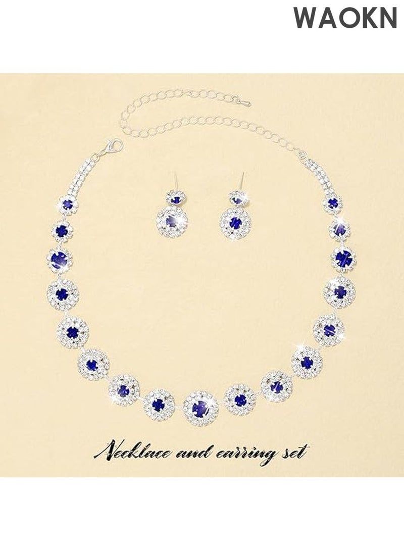 WAOKN Bridal Jewelry Set - Rhinestone Necklace & Earrings for Weddings - Elegant Formal Costume Jewelry Set for Women, Brides & Bridesmaids - Sparkling Wedding Party Accessories - Perfect Gift for Bride（Blue） - Image 4